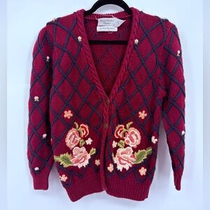 Marisa Christina Hand Knit Floral Embroidered Cardigan Vintage Lattice Sweater
